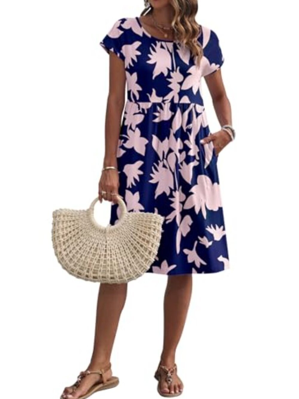 🆕 Women Summer Dresses Short Sleeve Knee-Length Round Neck Loose Dress - Picture 5 of 6